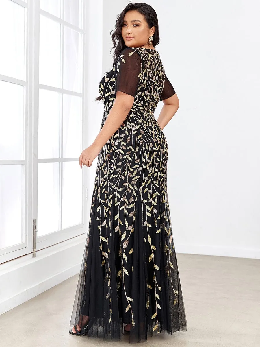 Floral Sequin Print Plus Size Mermaid Tulle Evening Dress