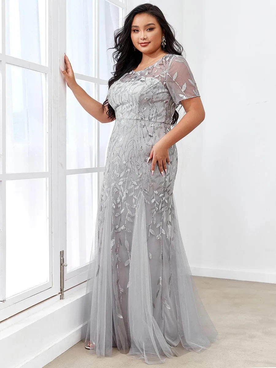 Floral Sequin Print Plus Size Mermaid Tulle Evening Dress