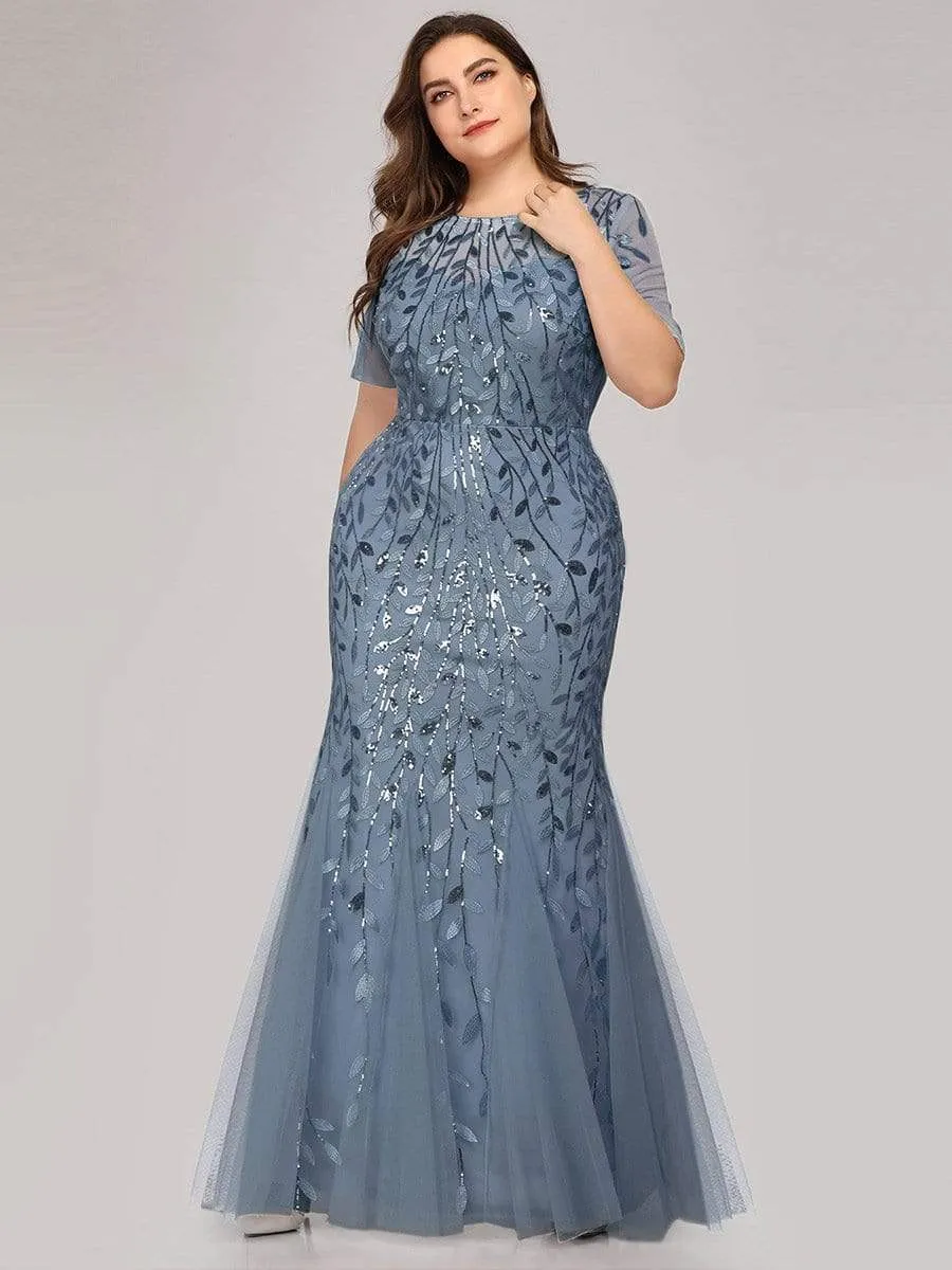 Floral Sequin Print Plus Size Mermaid Tulle Evening Dress