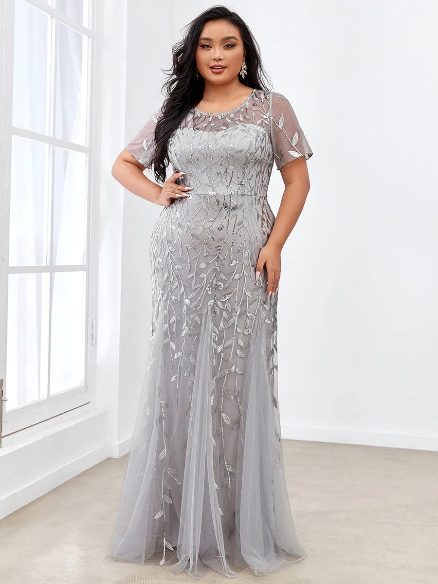 Floral Sequin Print Plus Size Mermaid Tulle Evening Dress