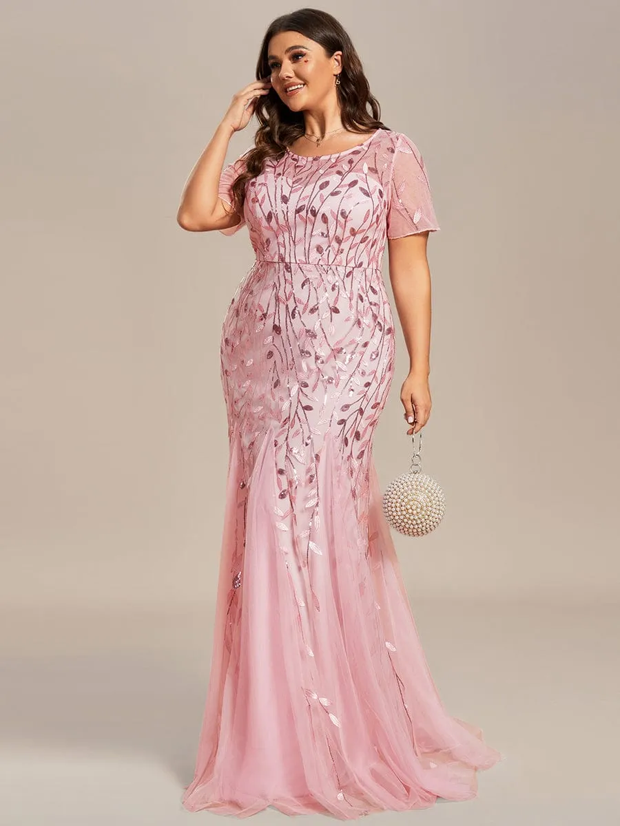 Floral Sequin Print Plus Size Mermaid Tulle Evening Dress