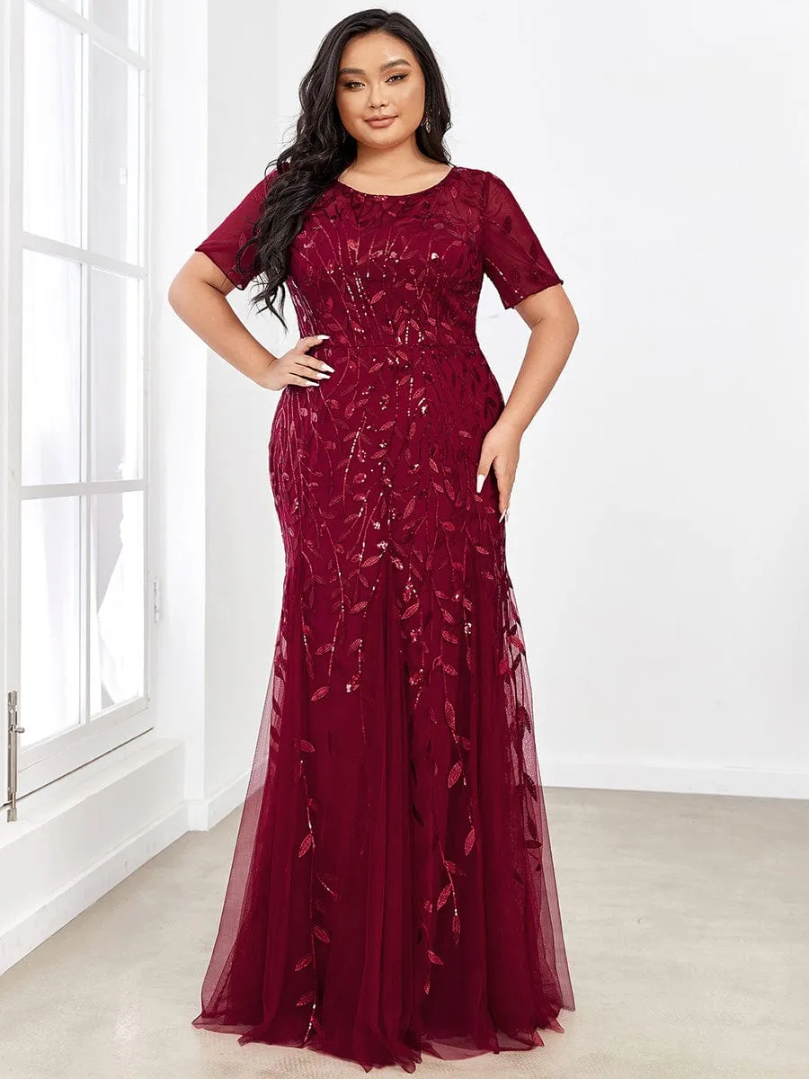 Floral Sequin Print Plus Size Mermaid Tulle Evening Dress