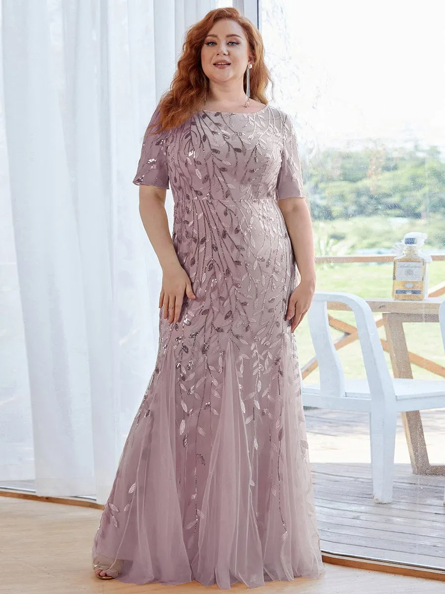 Floral Sequin Print Plus Size Mermaid Tulle Evening Dress