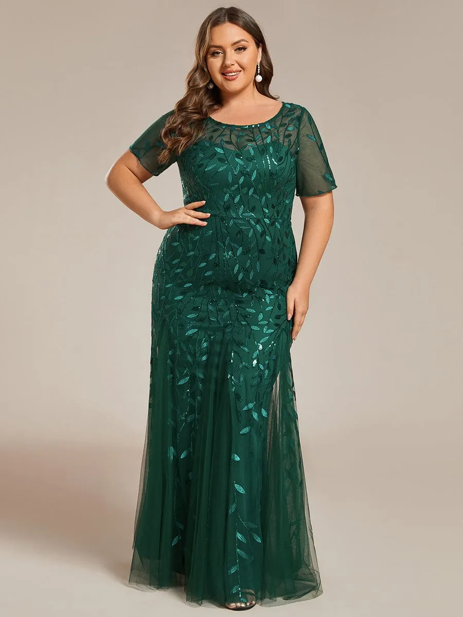 Floral Sequin Print Plus Size Mermaid Tulle Evening Dress