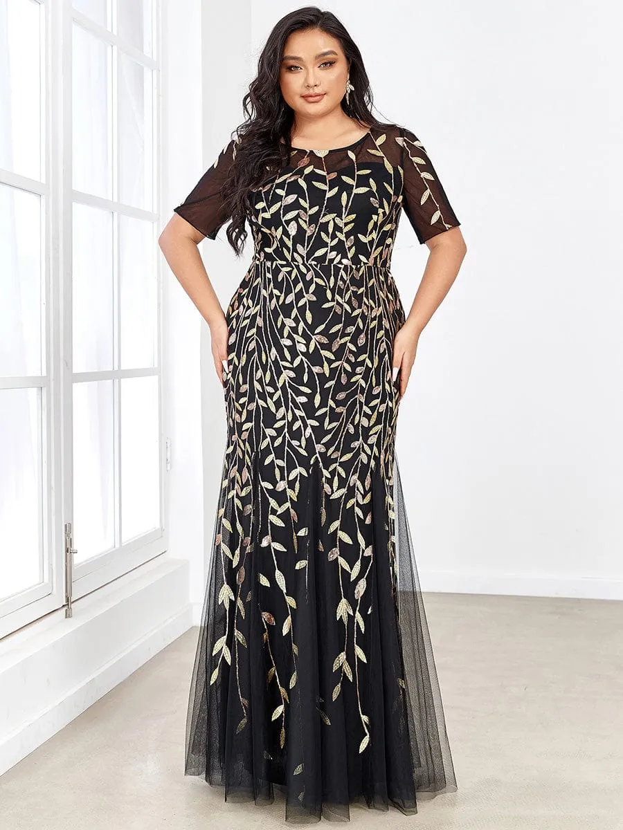 Floral Sequin Print Plus Size Mermaid Tulle Evening Dress