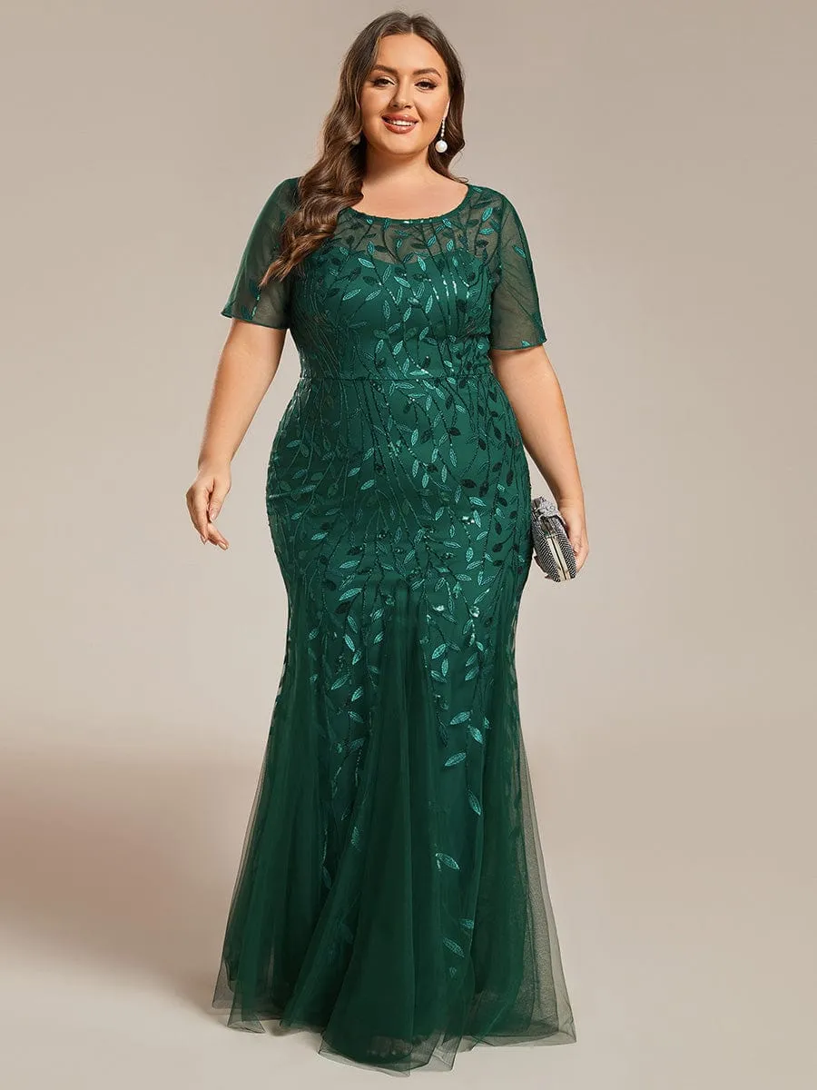 Floral Sequin Print Plus Size Mermaid Tulle Evening Dress