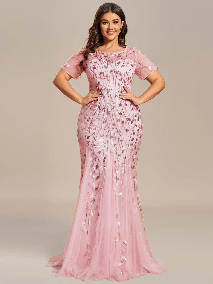 Floral Sequin Print Plus Size Mermaid Tulle Evening Dress