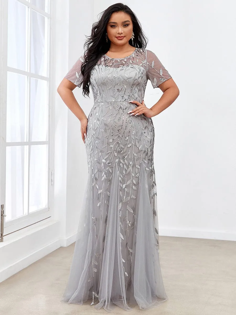 Floral Sequin Print Plus Size Mermaid Tulle Evening Dress