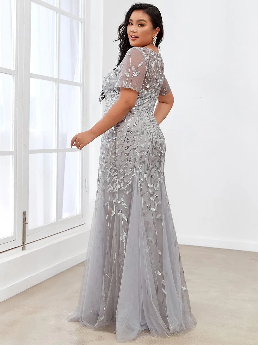 Floral Sequin Print Plus Size Mermaid Tulle Evening Dress