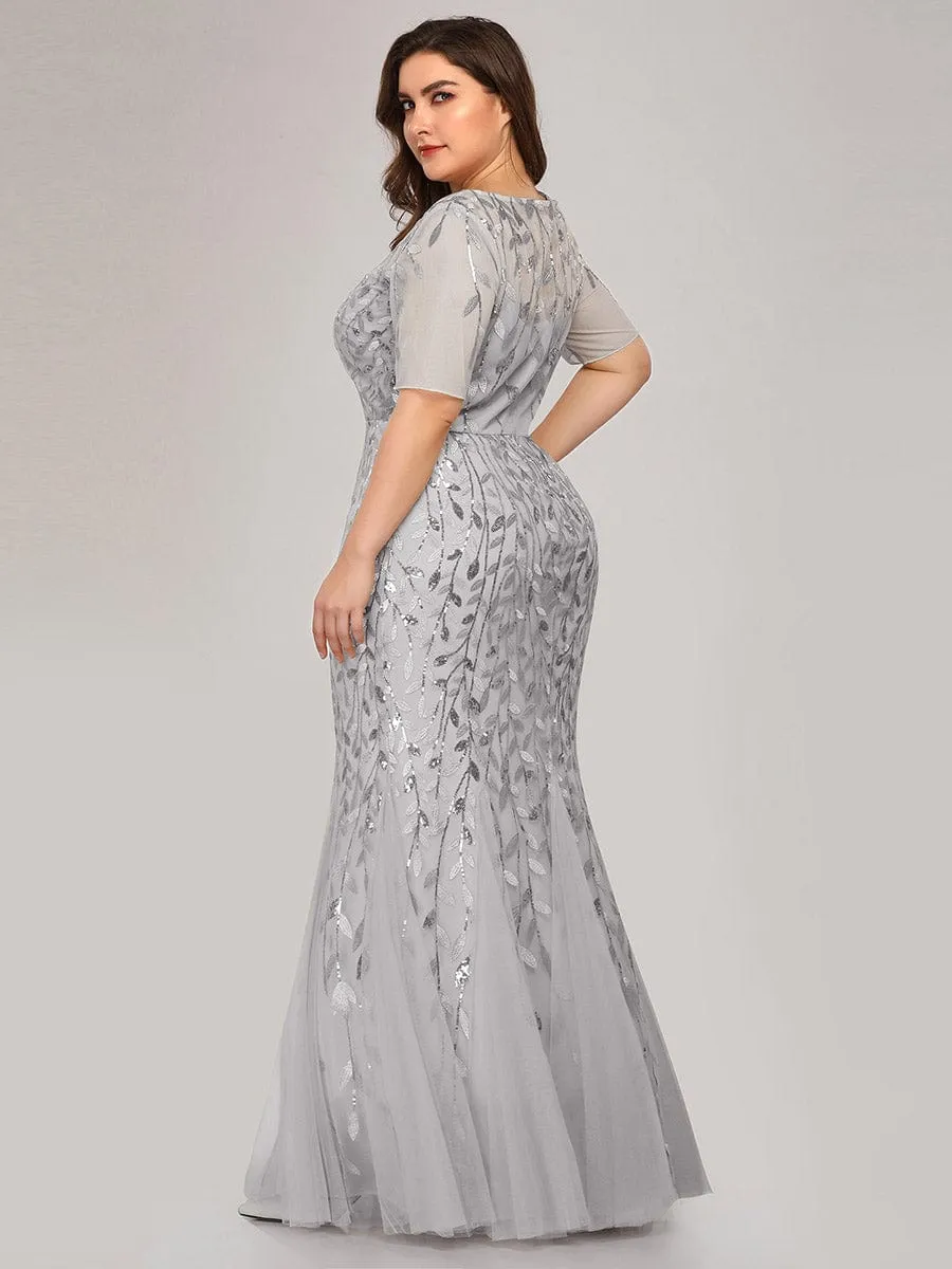 Floral Sequin Print Plus Size Mermaid Tulle Evening Dress