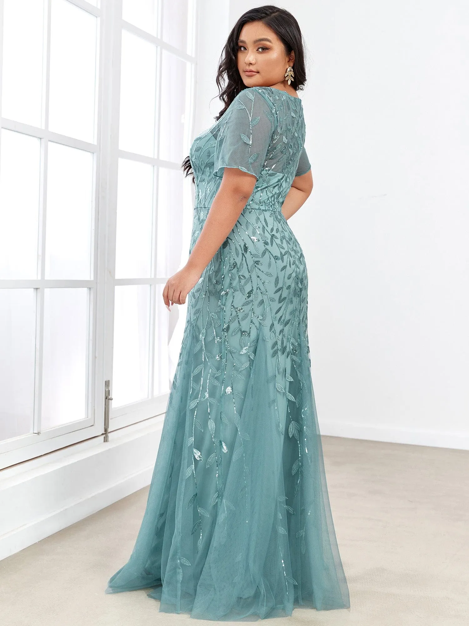 Floral Sequin Print Plus Size Mermaid Tulle Evening Dress