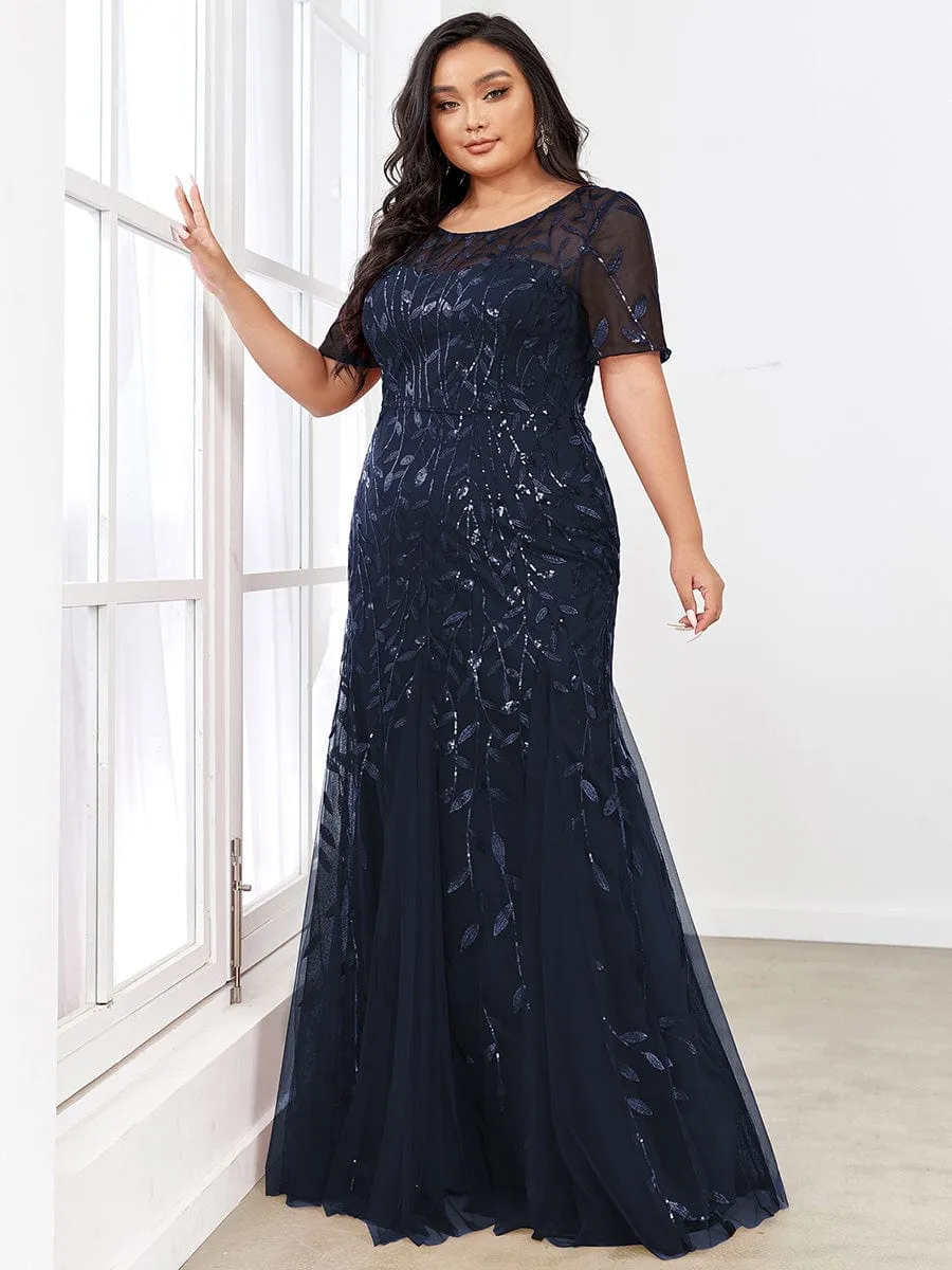 Floral Sequin Print Plus Size Mermaid Tulle Evening Dress