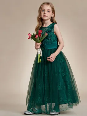 Floral Tulle Applique Princess Flower Girl Dress With Satin Back