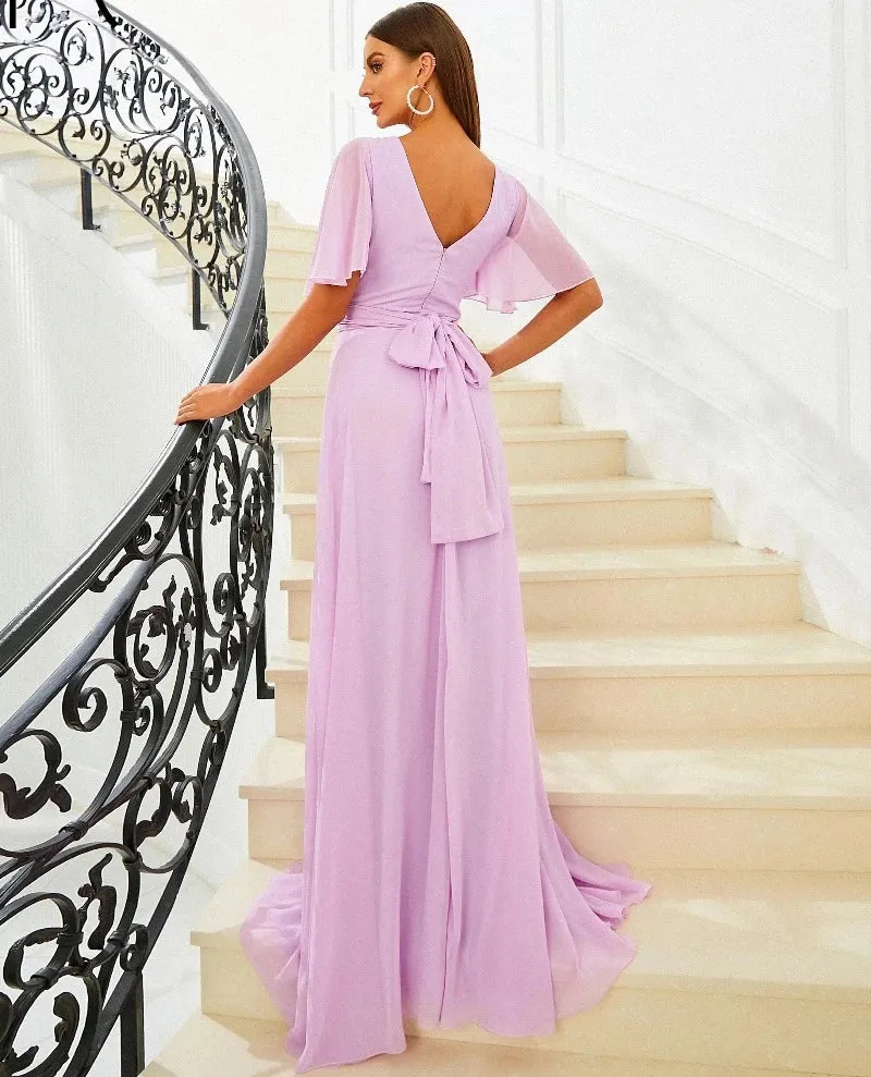 Light Purple A-Line Short Sleeves Chiffon Evening Dress