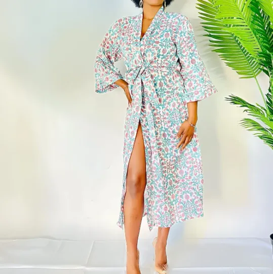 Long Cotton Kimono with Block Print