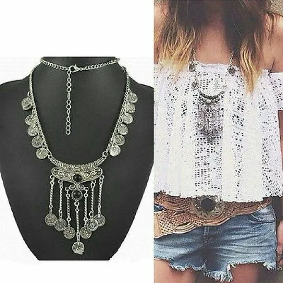 Long Silver Gypsy Coins Necklace Choose Black Or Turquoise Stones Coin Adorned Chain And Coined Fringe Dangles Great For Free Fun Festival People