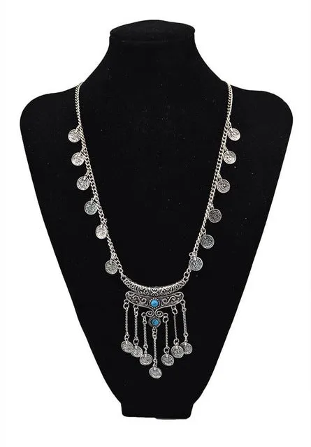 Long Silver Gypsy Coins Necklace Choose Black Or Turquoise Stones Coin Adorned Chain And Coined Fringe Dangles Great For Free Fun Festival People