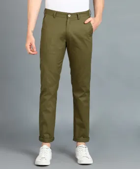 Men's Green Cotton Light Weight Non-Stretch Slim Fit Casual Trousers