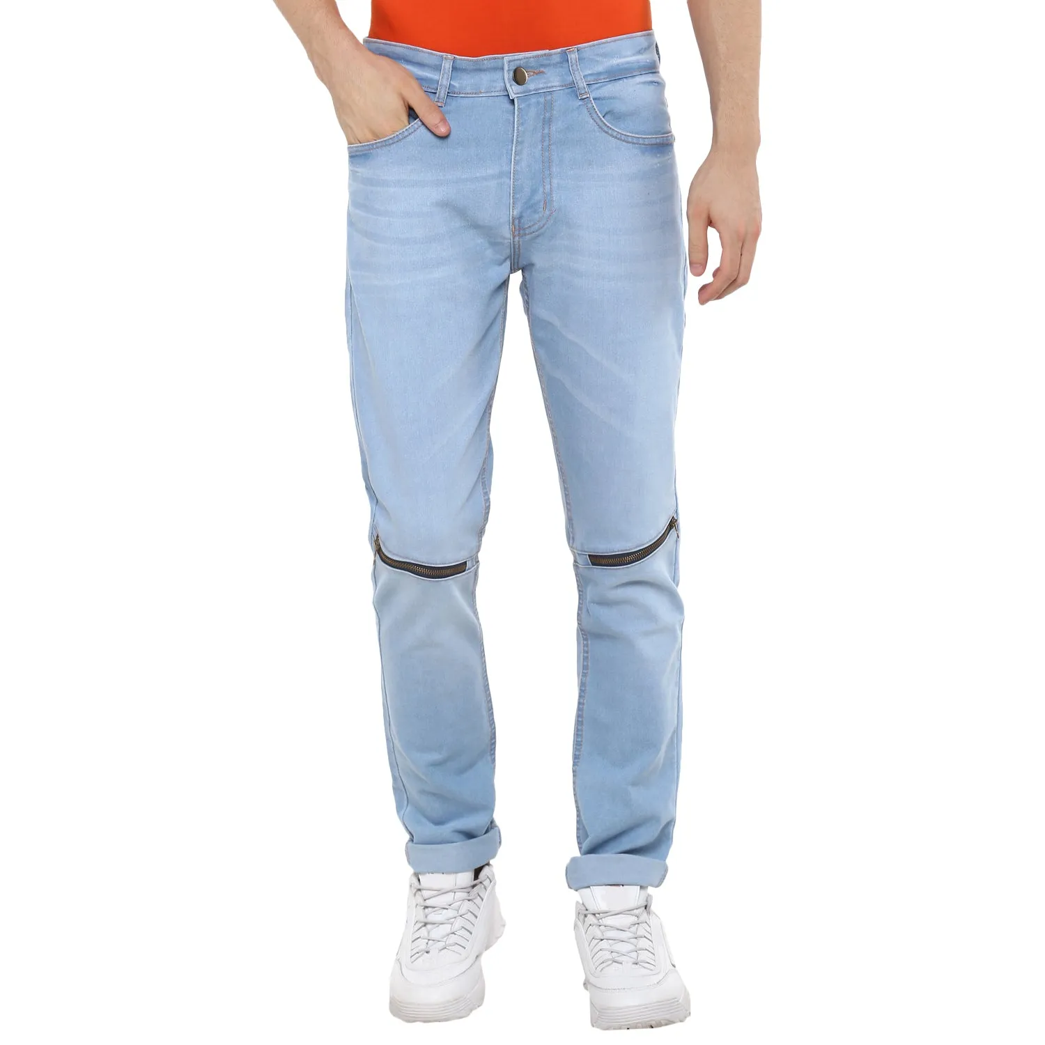 Men's Ice Blue Slim Fit Zippered Jeans Stretch