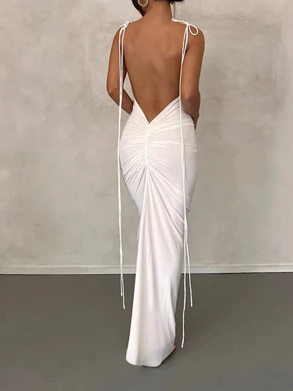 Momnfancy White Backless Ruffle Lace Up Oblique Shoulder Bodycon Spaghetti Strap Photoshoot Babyshower Maternity Maxi Dress