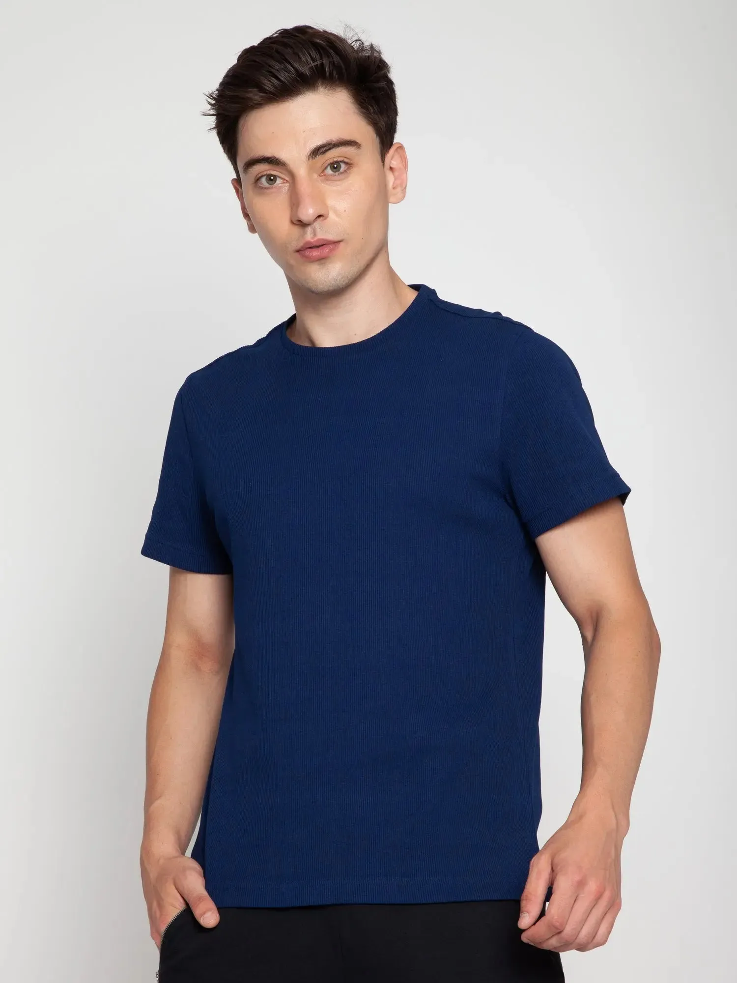 Navy Ribbed Round Neck Tee