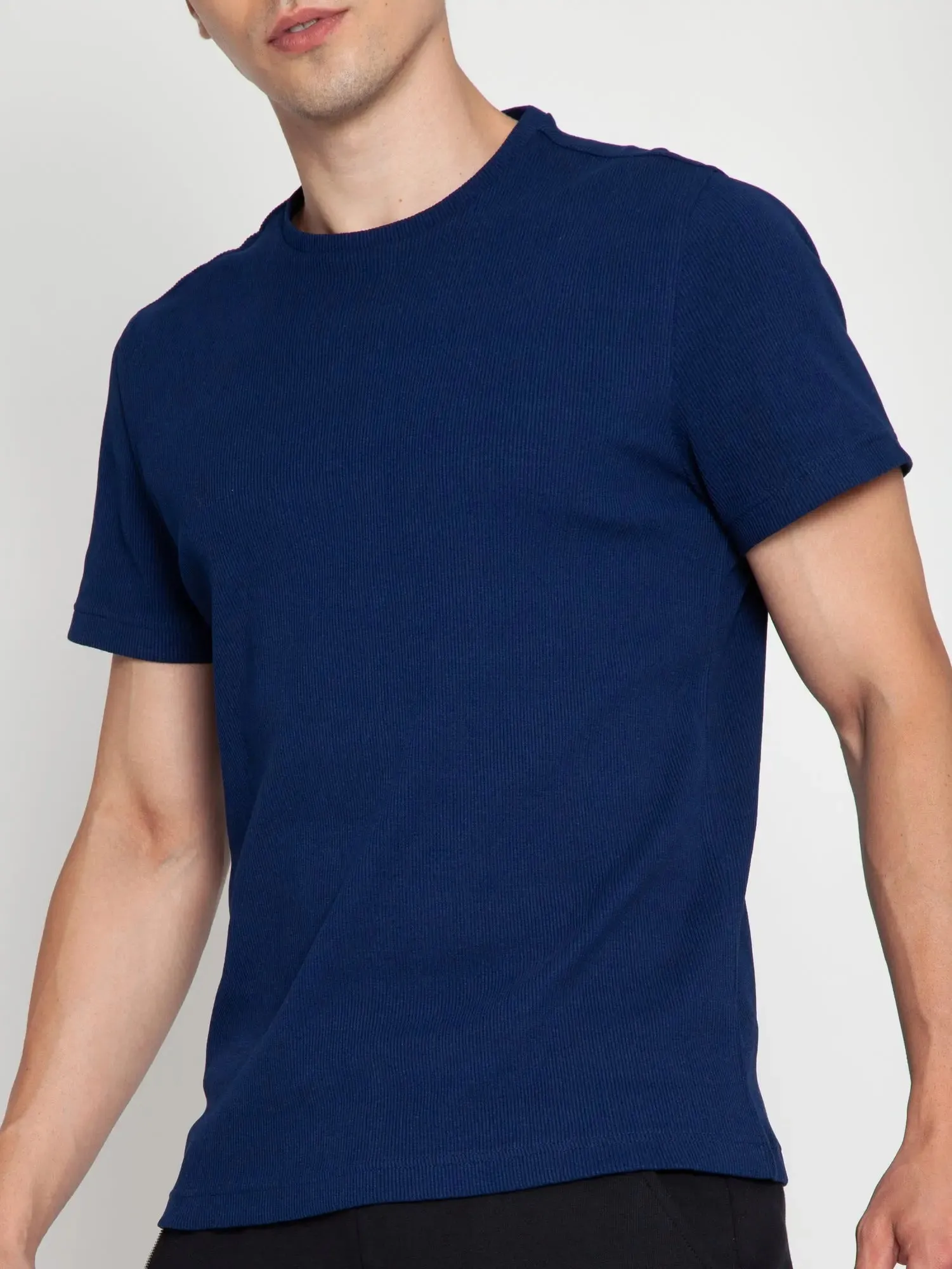 Navy Ribbed Round Neck Tee