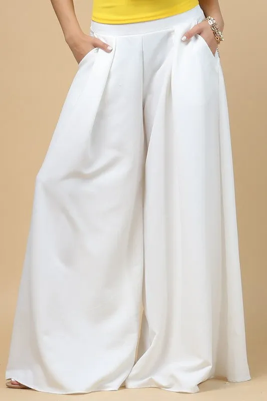 Off White Solid Color Women Wide Palazzo Pants