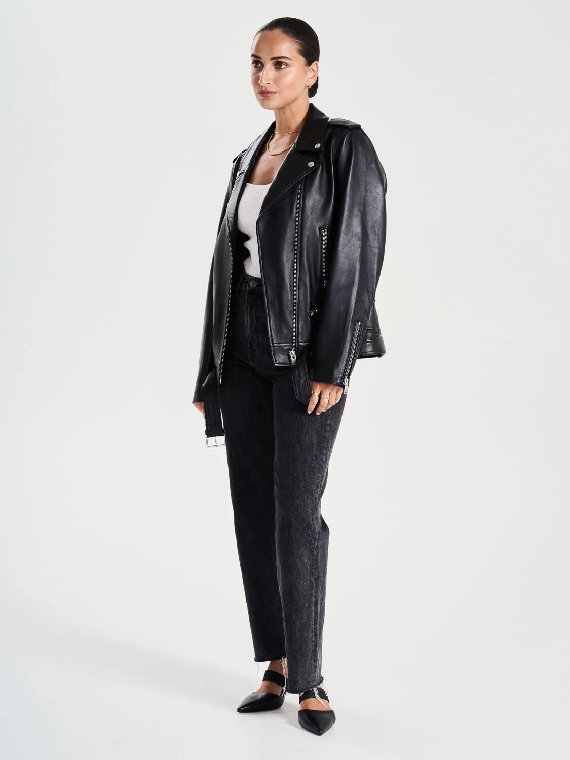 Oversized New Yorker Biker Jacket - Black/Silver