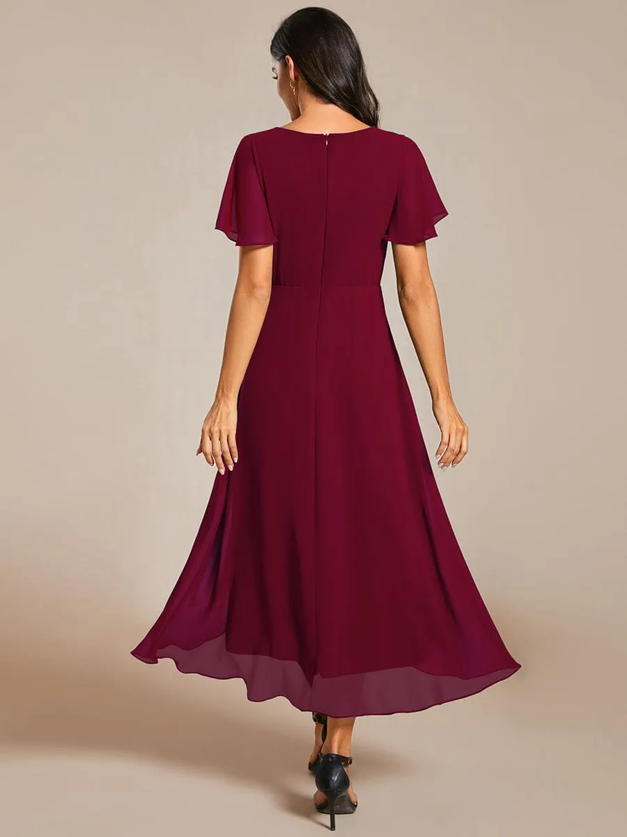 Ruffles Sleeve Pleated V-Neck A-Line Midi Chiffon Wedding Guest Dress