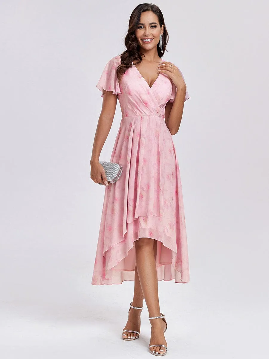 Ruffles Sleeve Pleated V-Neck A-Line Midi Chiffon Wedding Guest Dress