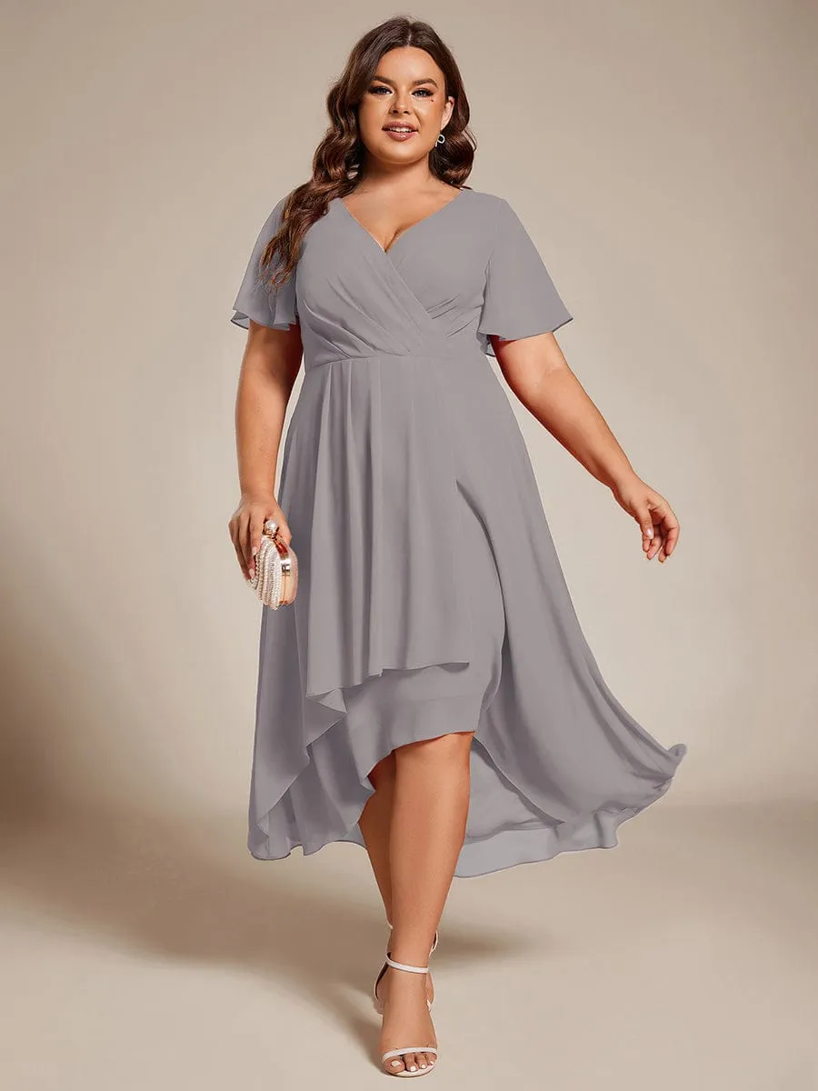 Ruffles Sleeve Pleated V-Neck A-Line Midi Chiffon Wedding Guest Dress