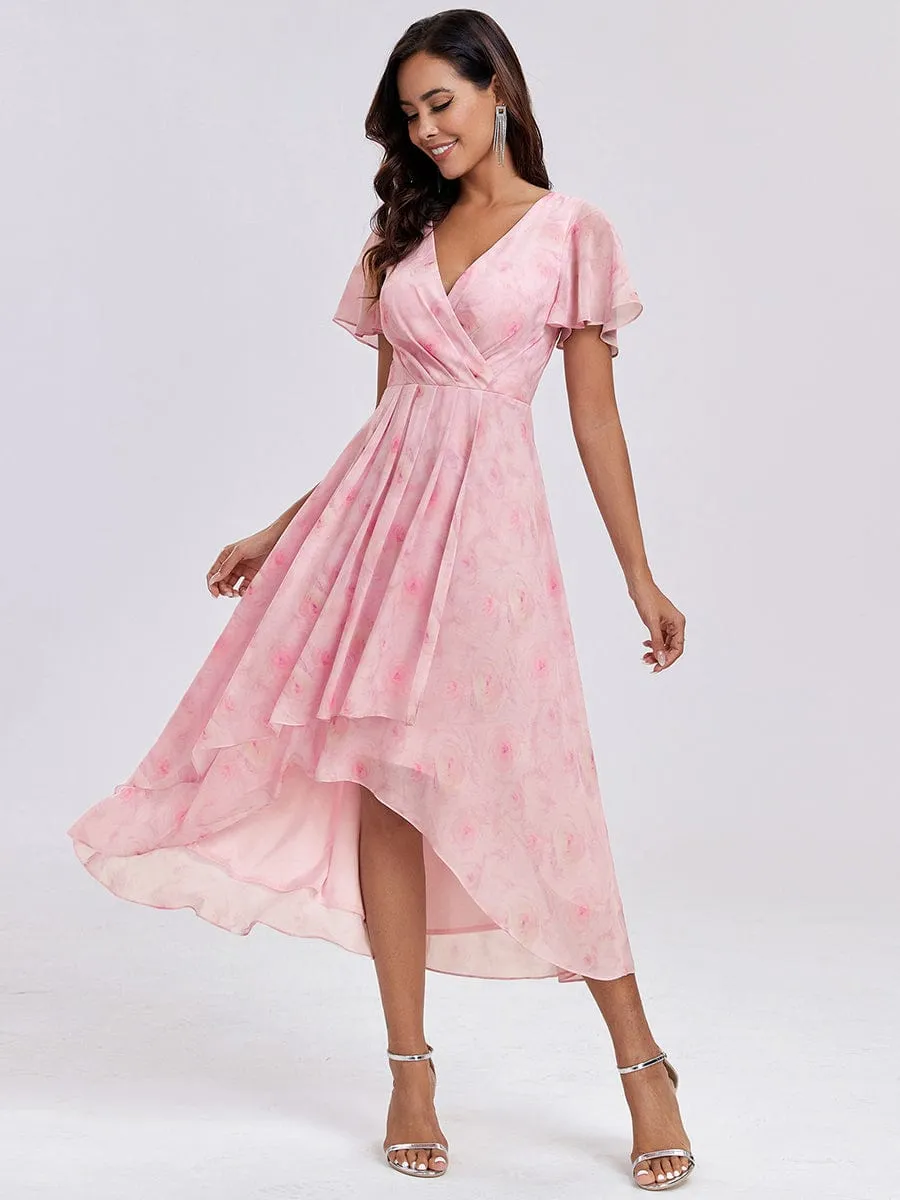 Ruffles Sleeve Pleated V-Neck A-Line Midi Chiffon Wedding Guest Dress