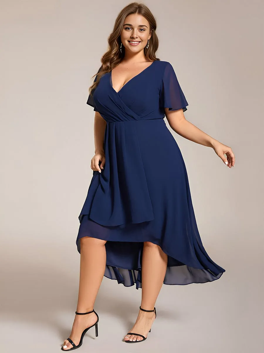 Ruffles Sleeve Pleated V-Neck A-Line Midi Chiffon Wedding Guest Dress