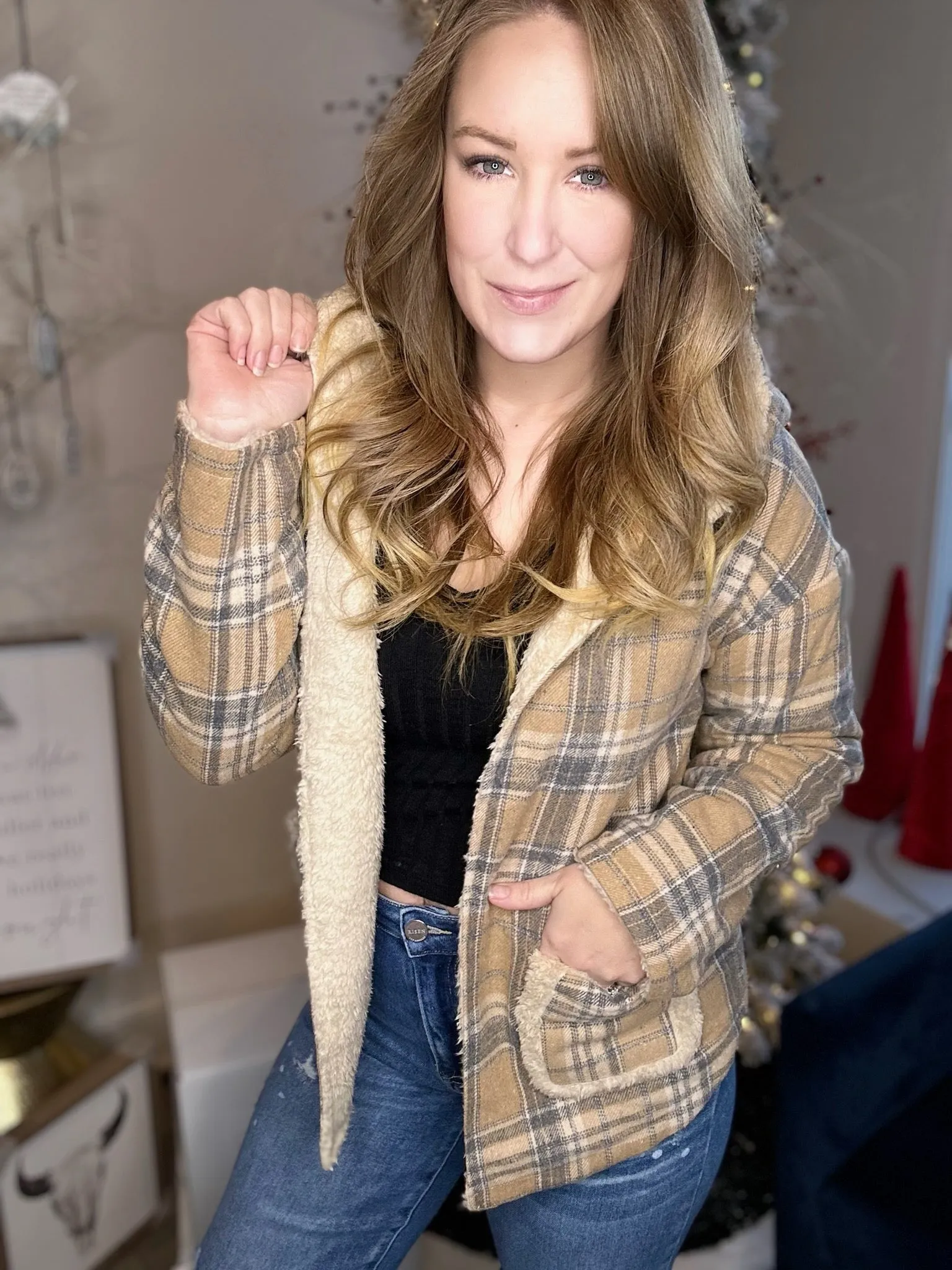 Tan Flannel Hooded Fur Jacket