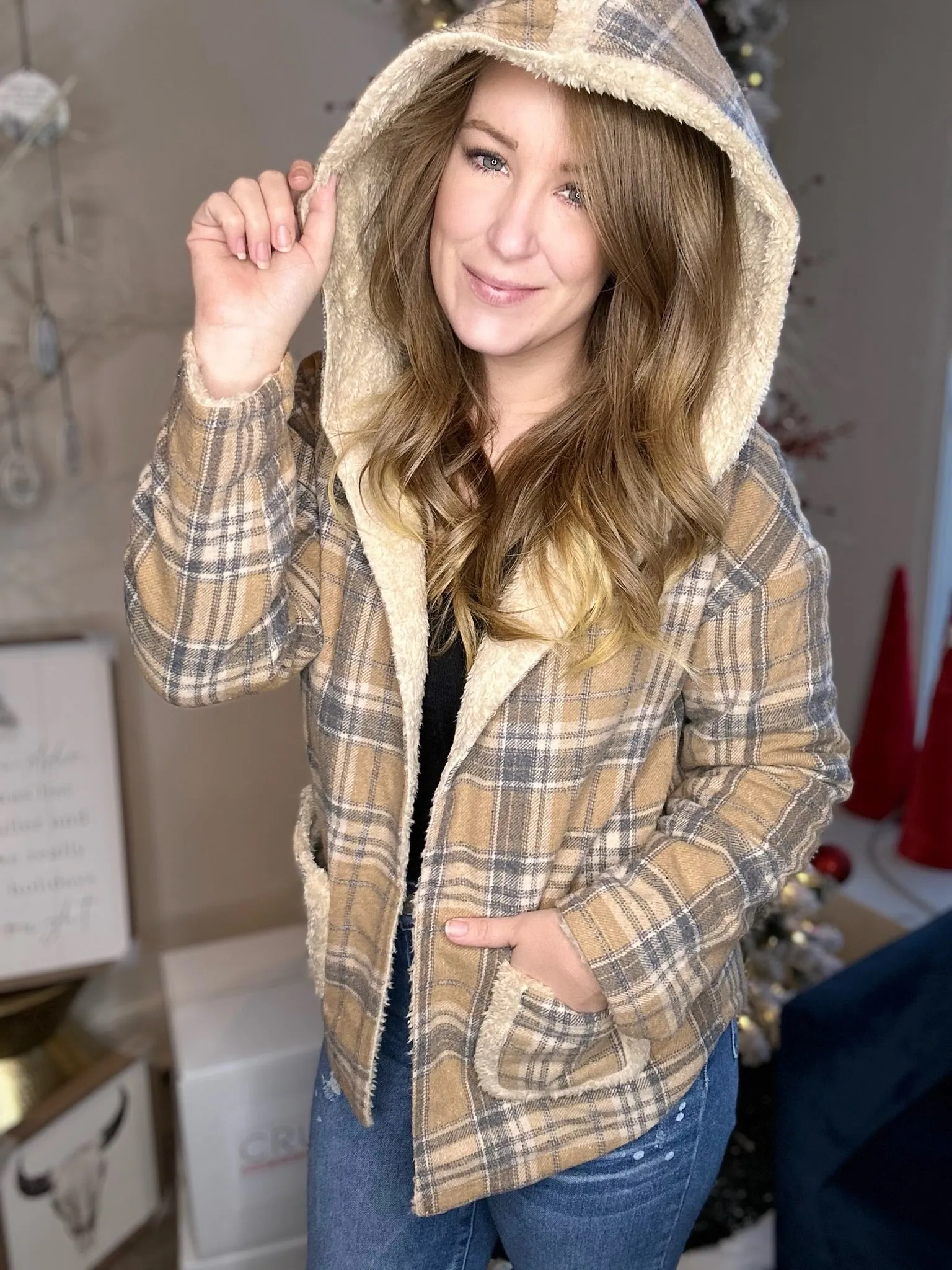 Tan Flannel Hooded Fur Jacket