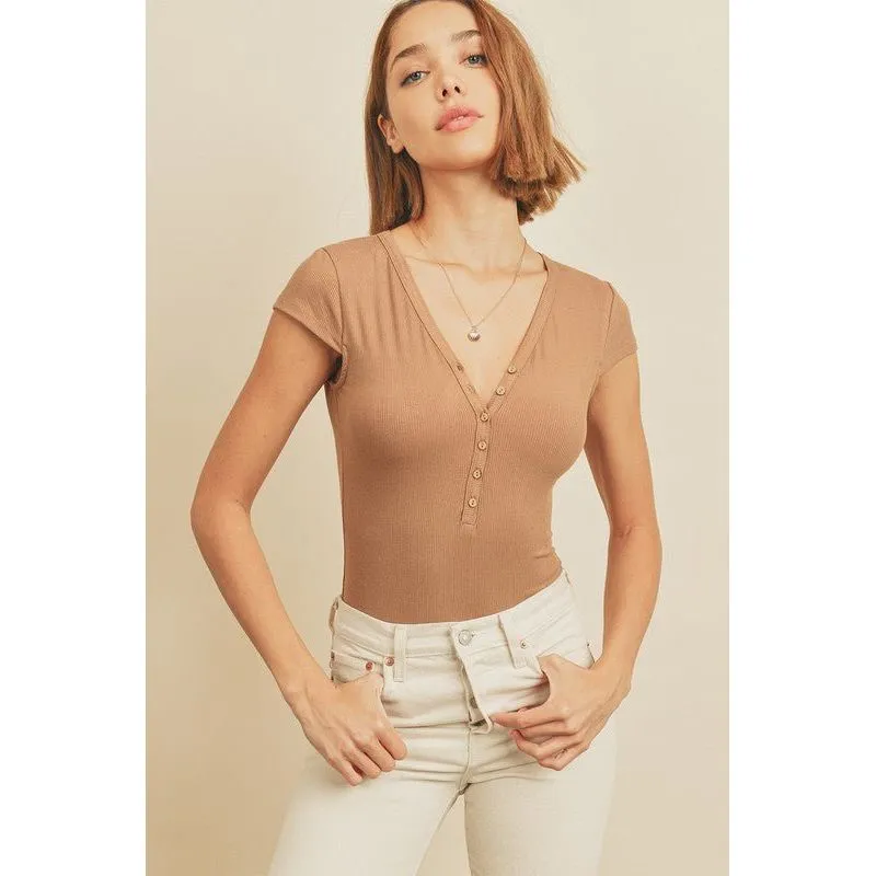 Tarin Cap Sleeve T-Shirt Bodysuit - Sand