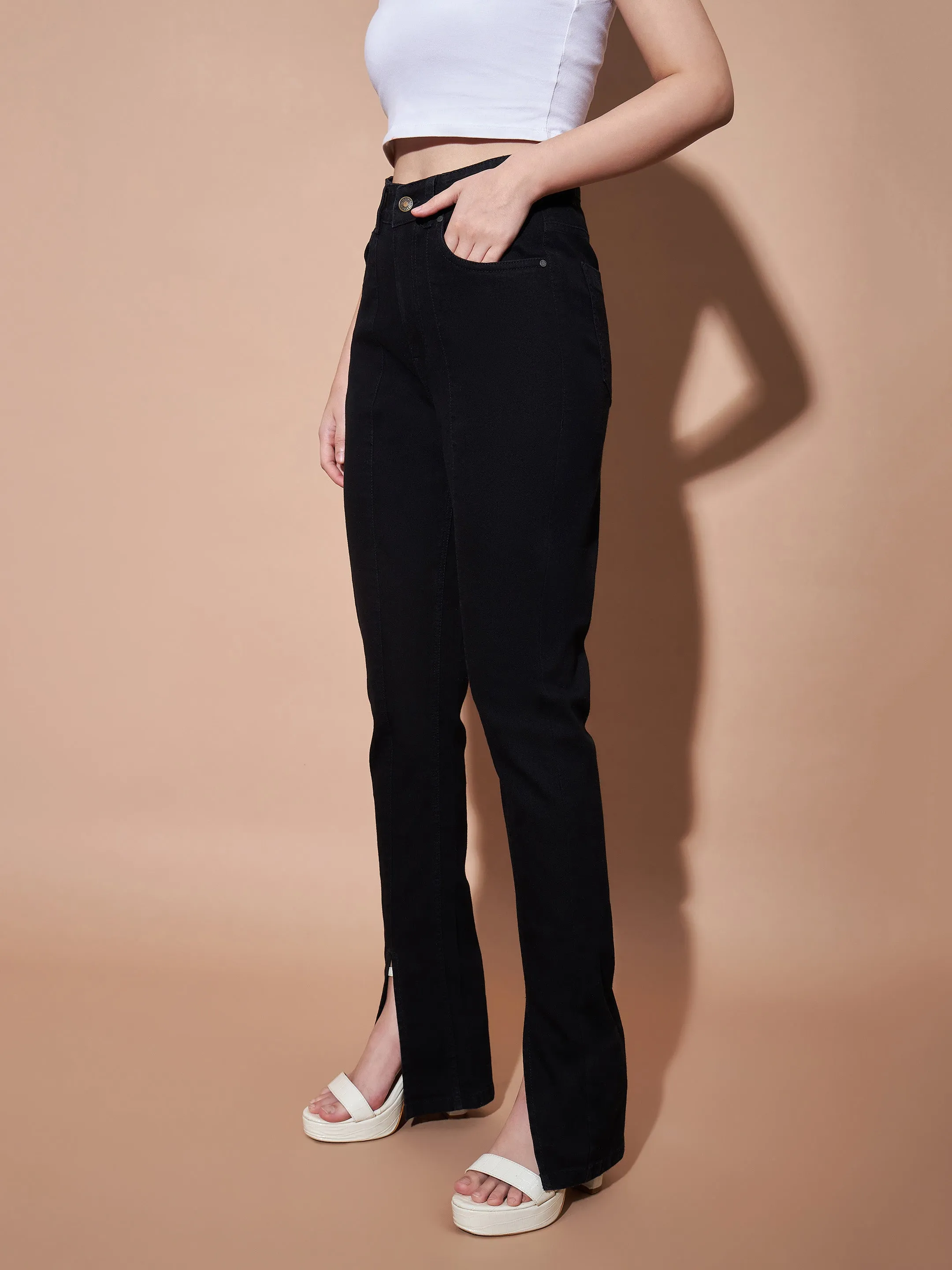 Women Black Mid Rise Skinny Fit Slit Jeans