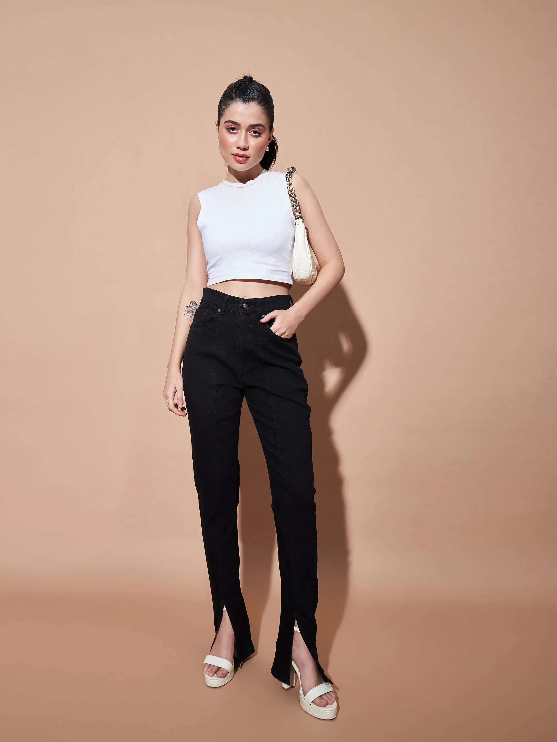 Women Black Mid Rise Skinny Fit Slit Jeans