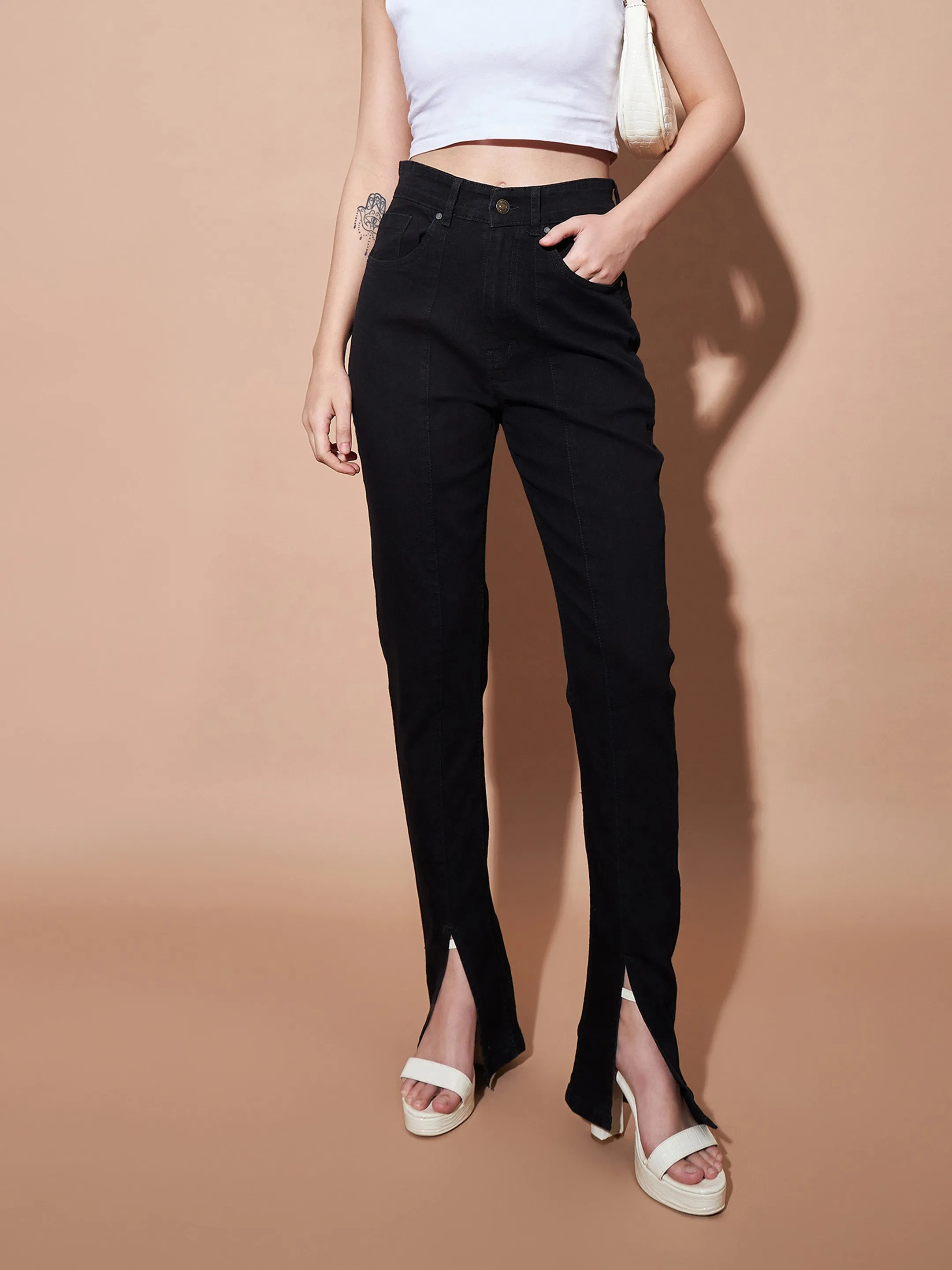 Women Black Mid Rise Skinny Fit Slit Jeans